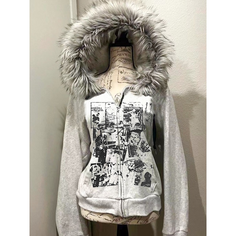 Street Fashion Zip Up Hoodie - Grijs namaakbont wol dubbele rits jas