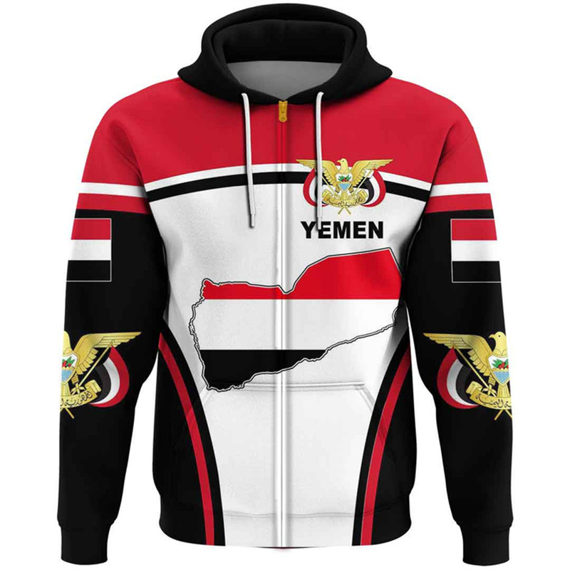 Street Fashion Zip Up Hoodie - Vintage Heren Hoodie Jemen Vlag Patroon