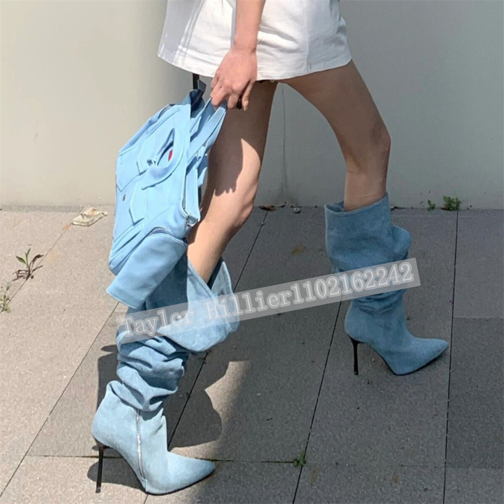 Lenteblauwe denim geplooide sl - Street Fashion Runway recensie en prijs